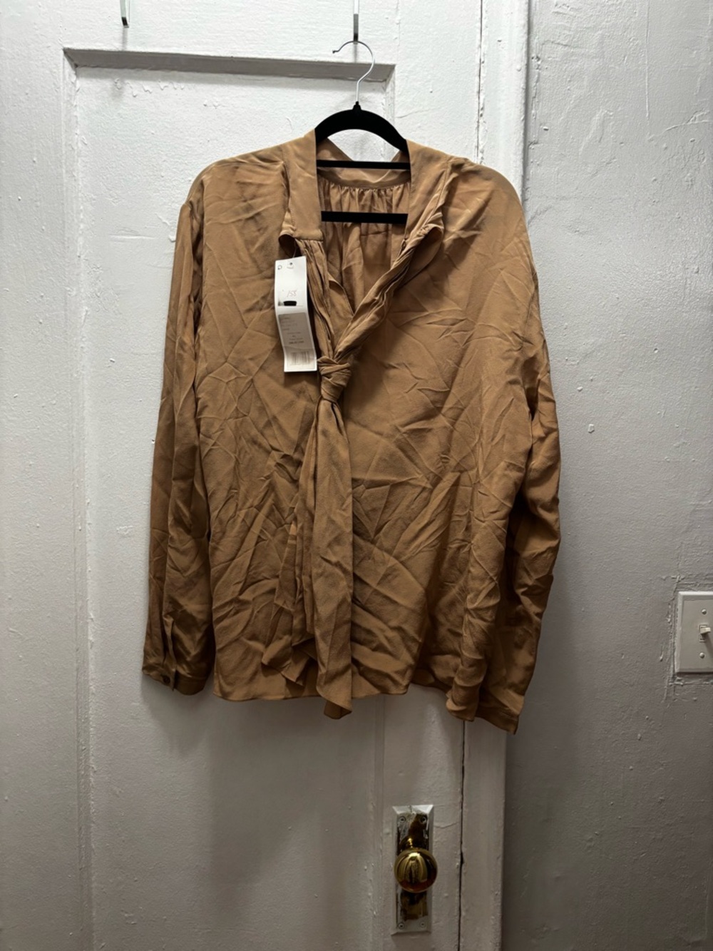 Tie-Neck Long Sleeve Blouse in Tan